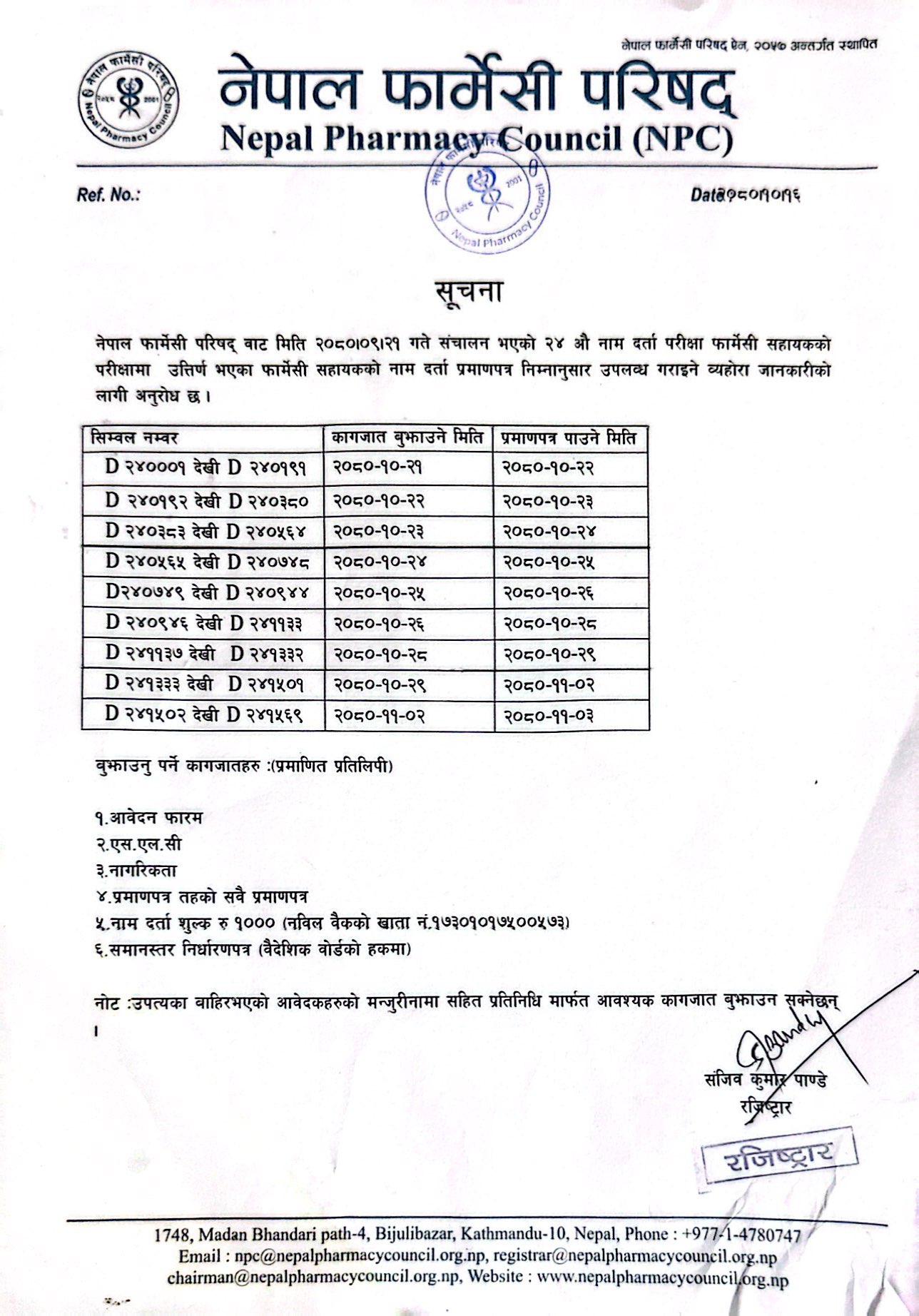 २४ औ नाम दर्ता परीक्षामा सफल फार्मेसी सहायक को कागजात बुझाउने एबम प्रमाण पत्र वितरण सम्बन्धमा अत्यन्त जरुरी सूचना
