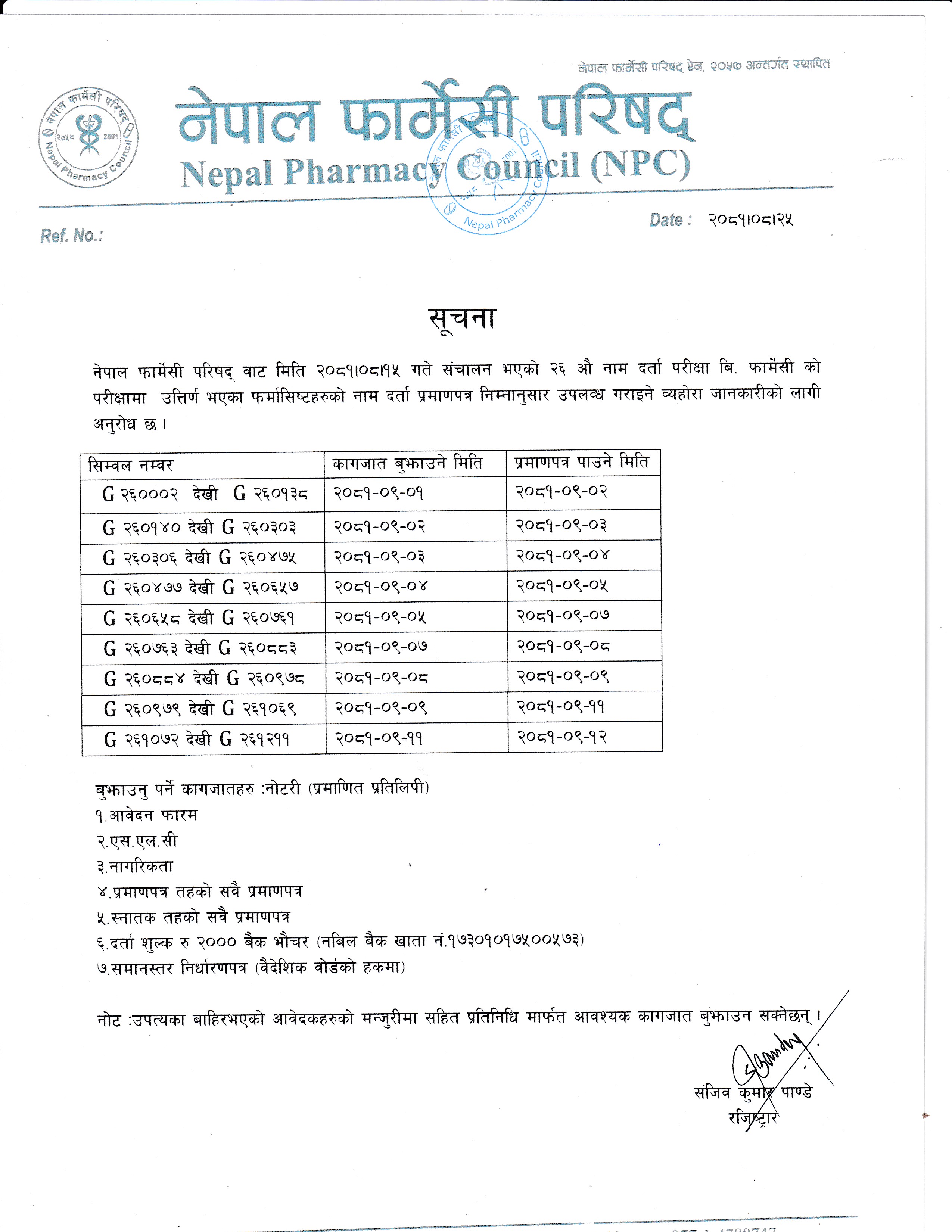 नेपाल फार्मेसी परिषद्को  २६ औ  नाम दर्ता  परीक्षामा  उतिर्ण  फर्मासिष्टहरु  को प्रमाण - पत्र सम्बन्धि अत्यत जरुरी सूचना